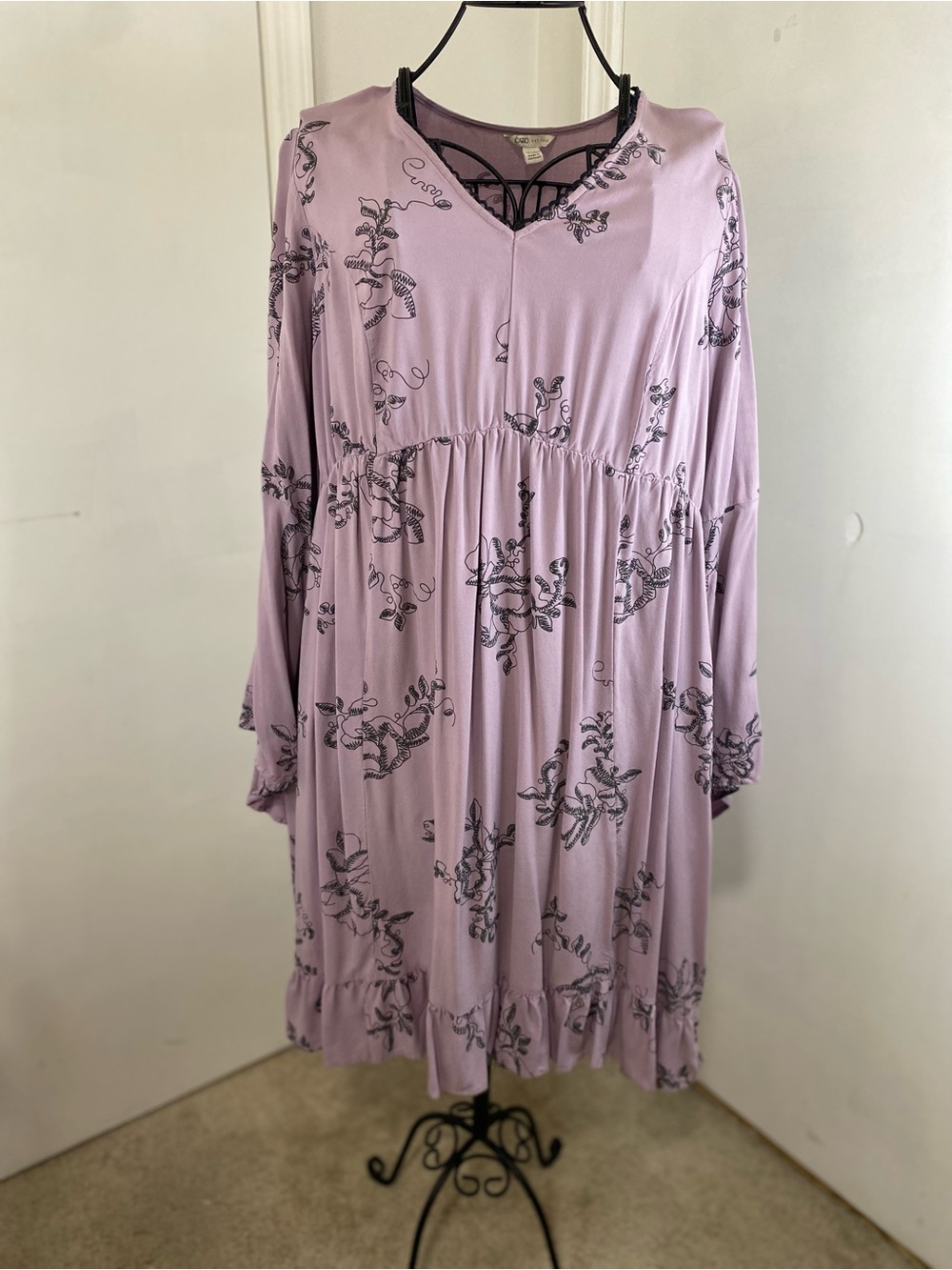 Cato Women 14/16W Babydoll Dress Bell Sleeve Boho Peasant Lilac Floral V Neck